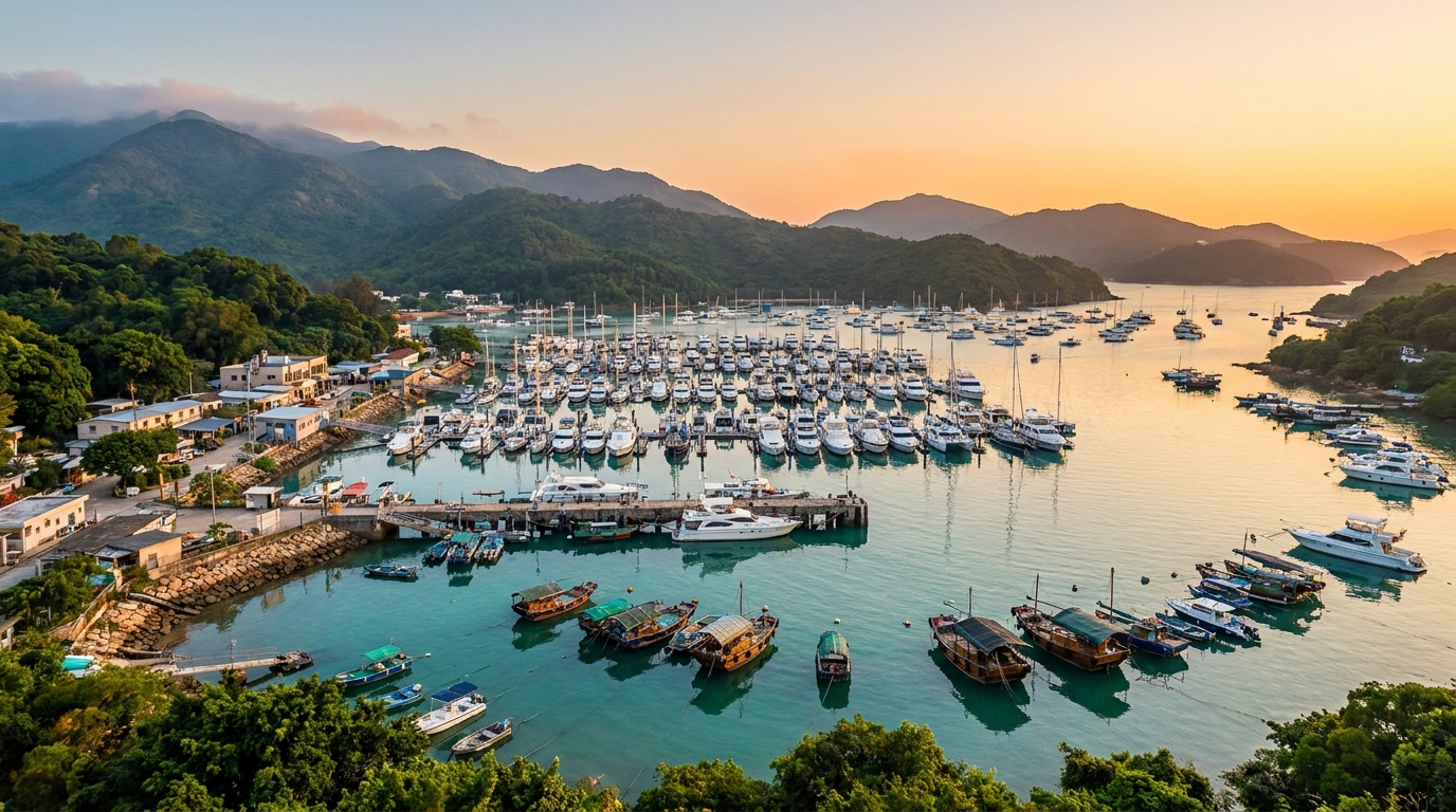 停泊在白沙灣隱蔽海灣中的遊艇