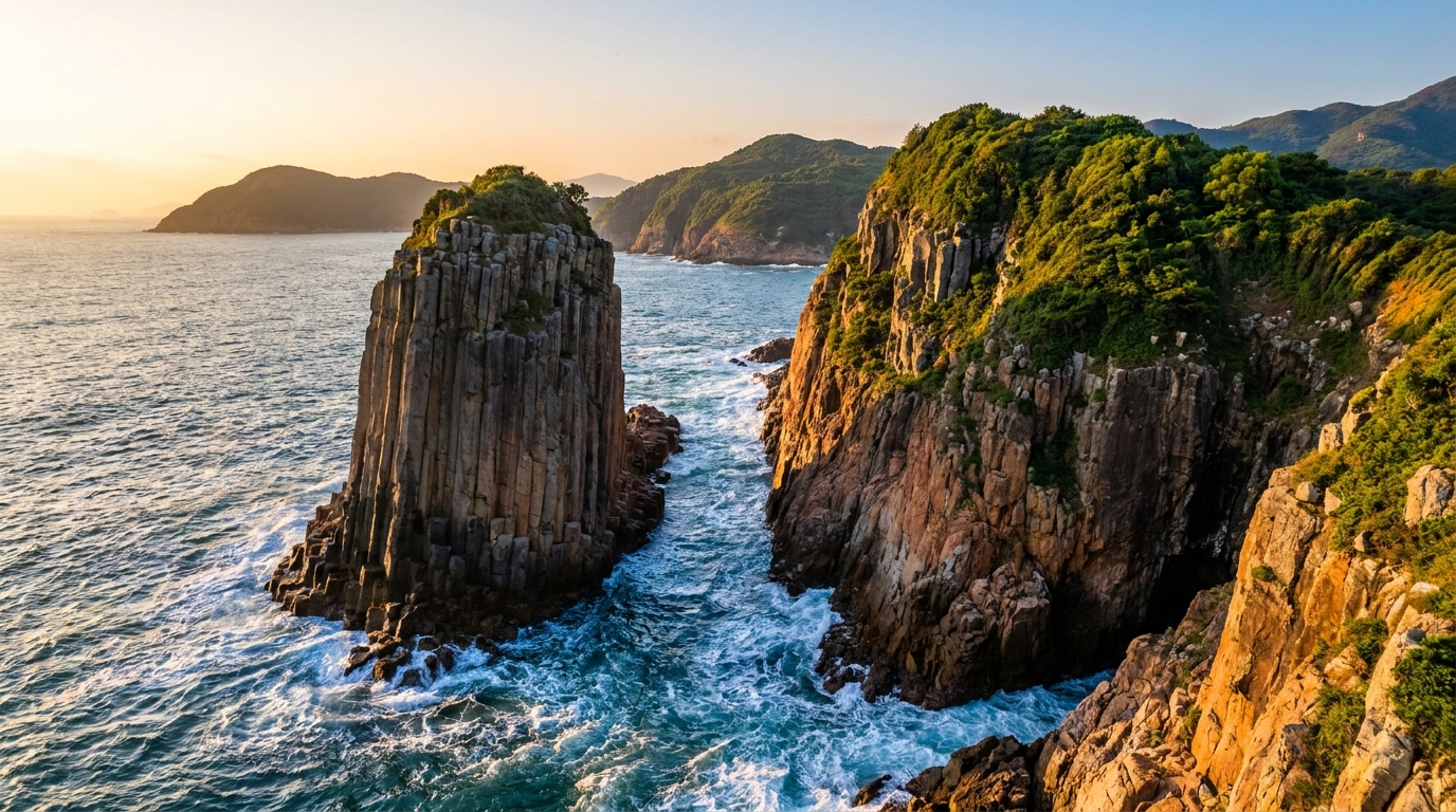 東壩附近破邊洲海蝕柱陡峭的石柱崖壁